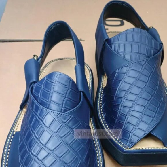 Blue Leather Sandals, Handmade Peshawari Chappal, Traditional Leather Blue main image 6